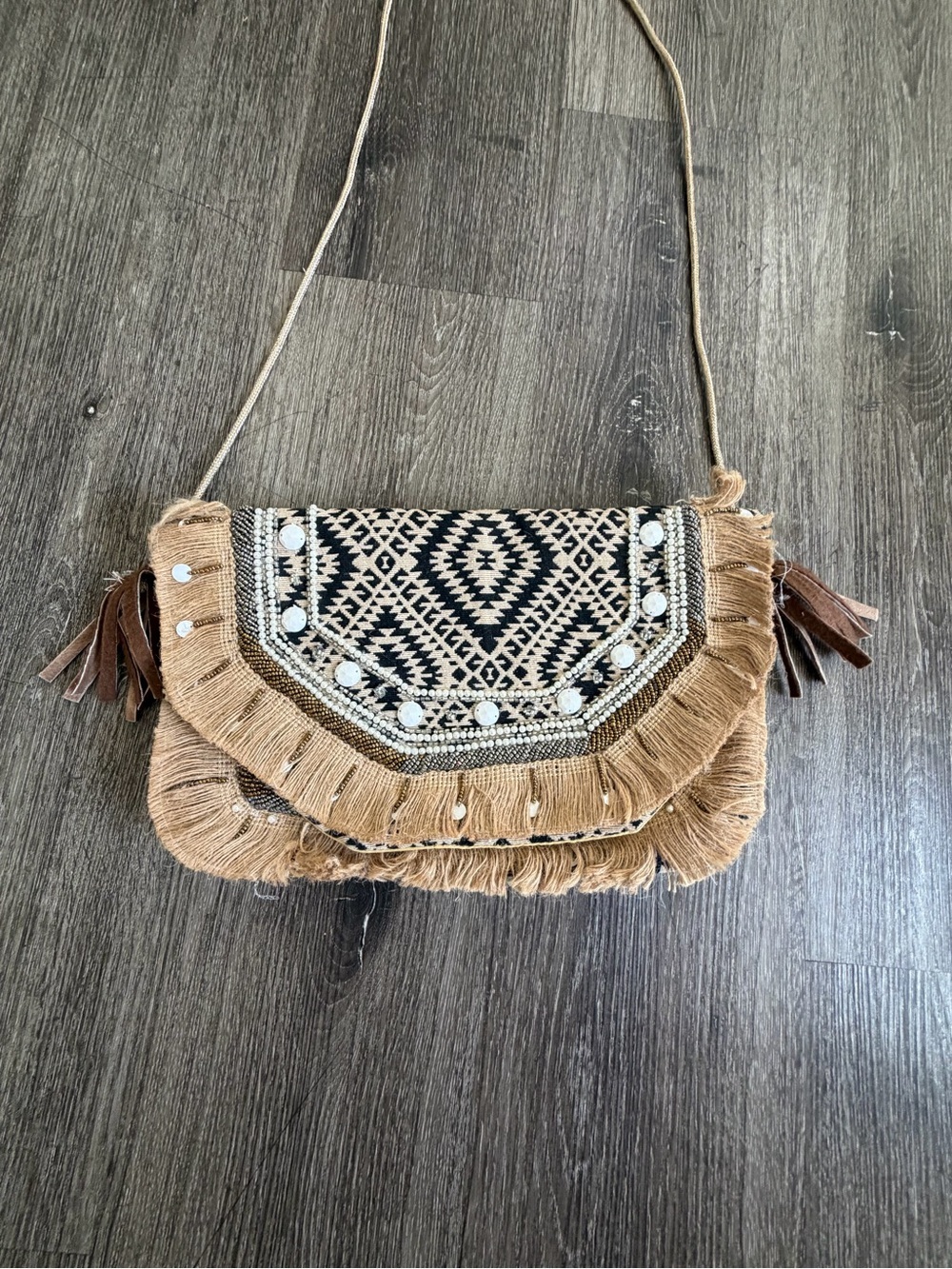 Boho Fringe Crossbody Bag with Tribal Embroidery - Tan & Black